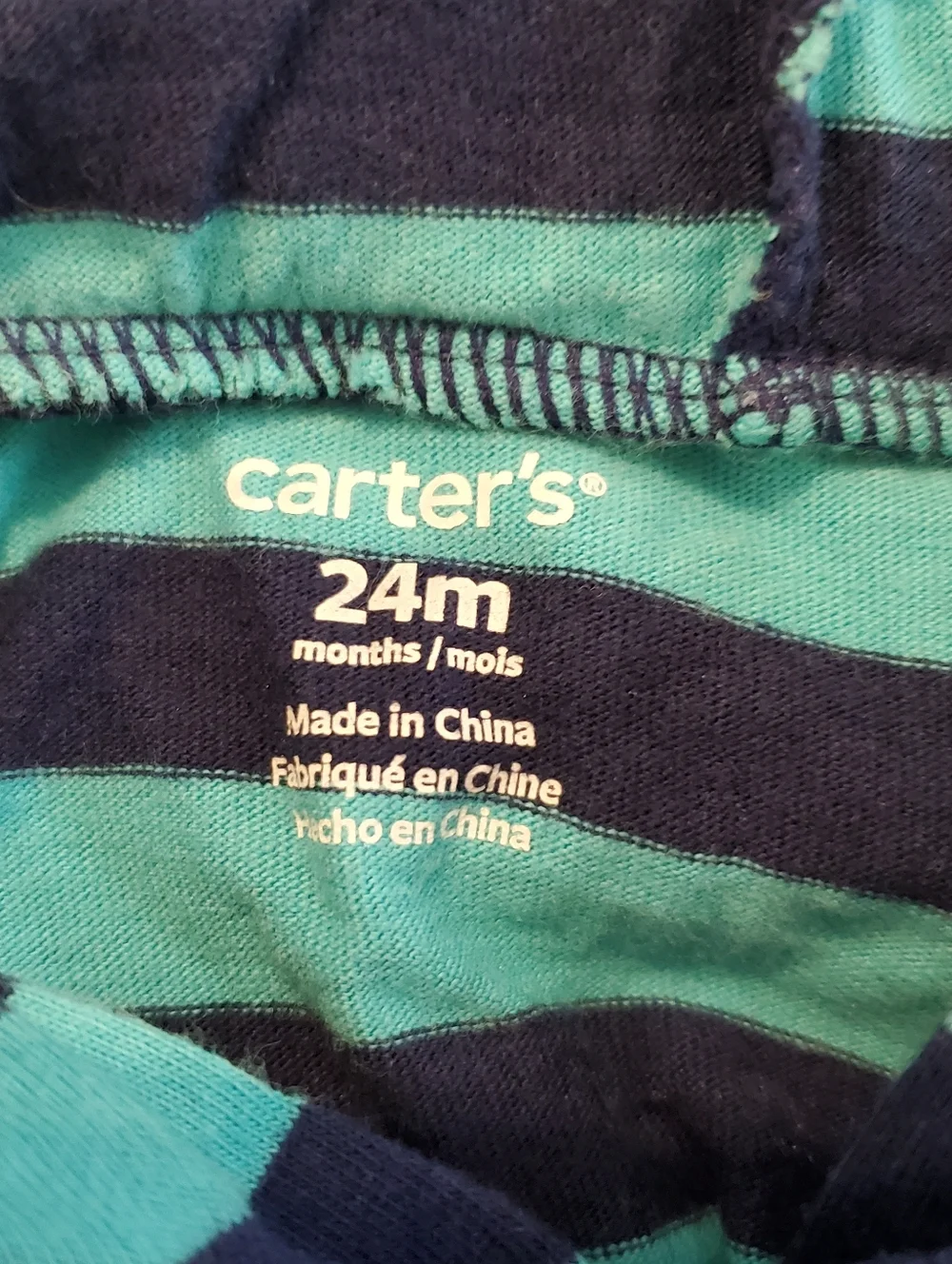 Carter's Teal and Navy Striped Hooded Romper 24 Months